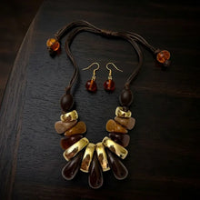 Load image into Gallery viewer, PRE-ORDER - Brown & Gold Resin Teardrop Cord Tribal Necklace