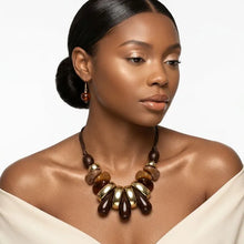 Load image into Gallery viewer, PRE-ORDER - Brown &amp; Gold Resin Teardrop Cord Tribal Necklace
