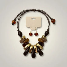 Load image into Gallery viewer, PRE-ORDER - Brown &amp; Gold Resin Teardrop Cord Tribal Necklace
